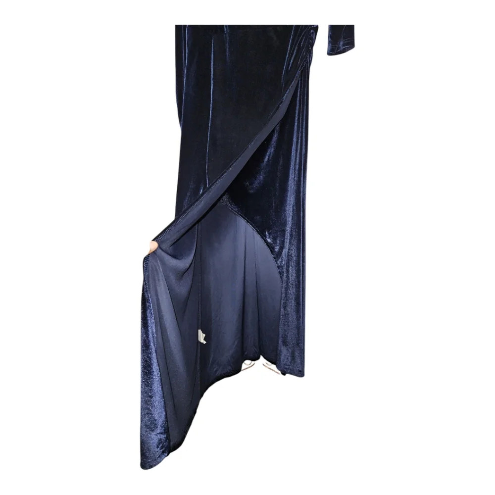 WOMEN'S BLUE VELVET OFF SHOULDER MAXI WRAP DRESS